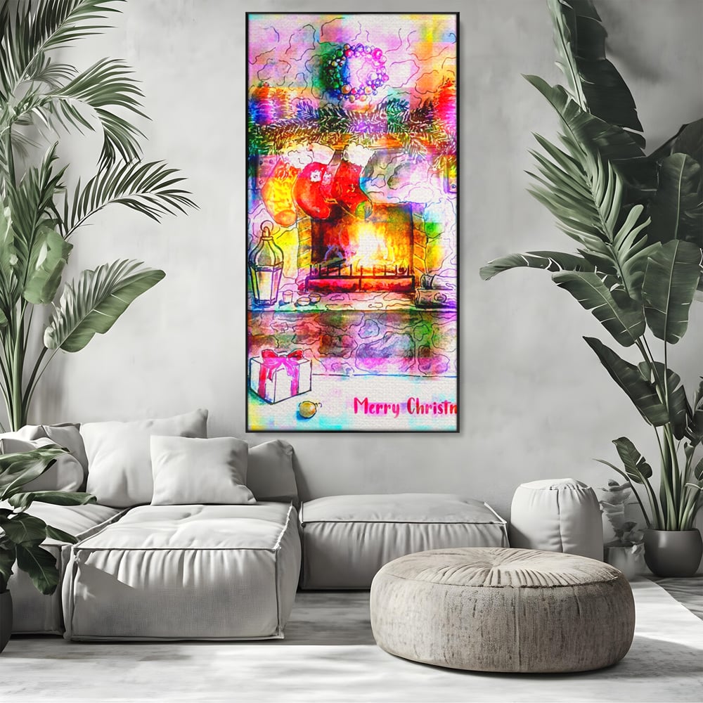 Tablou canvas cu tablou canvas cu peisaj festiv de craciun, in rama de aluminiu negru, pe perete intr-un living